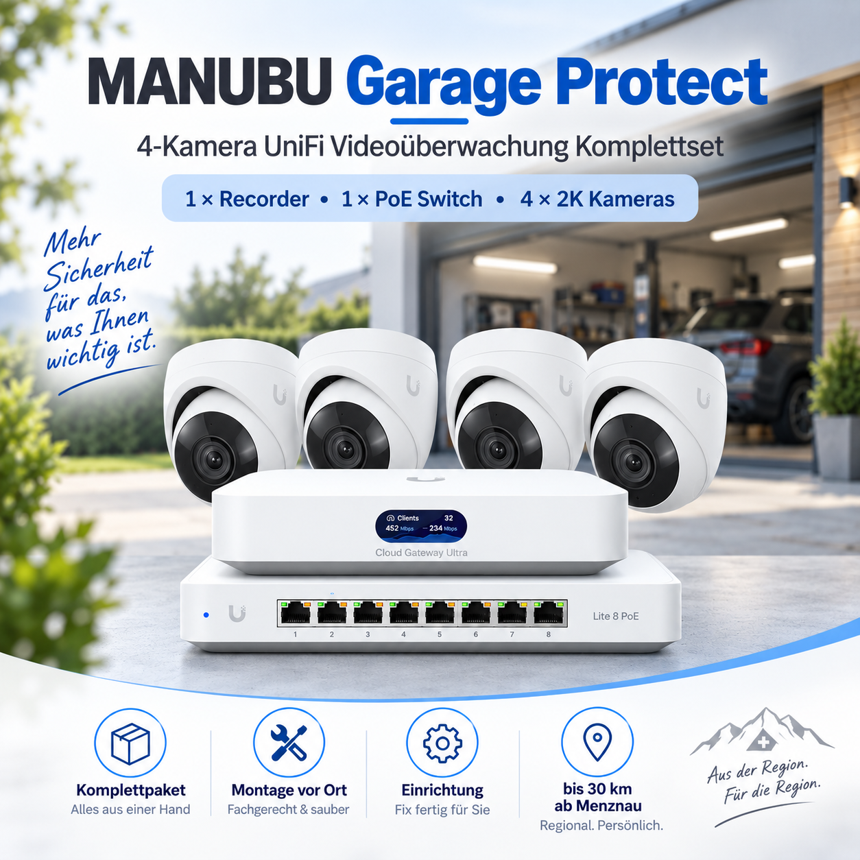 MANUBU Garage Protect – 4-Kamera UniFi Videoüberwachung Komplettset