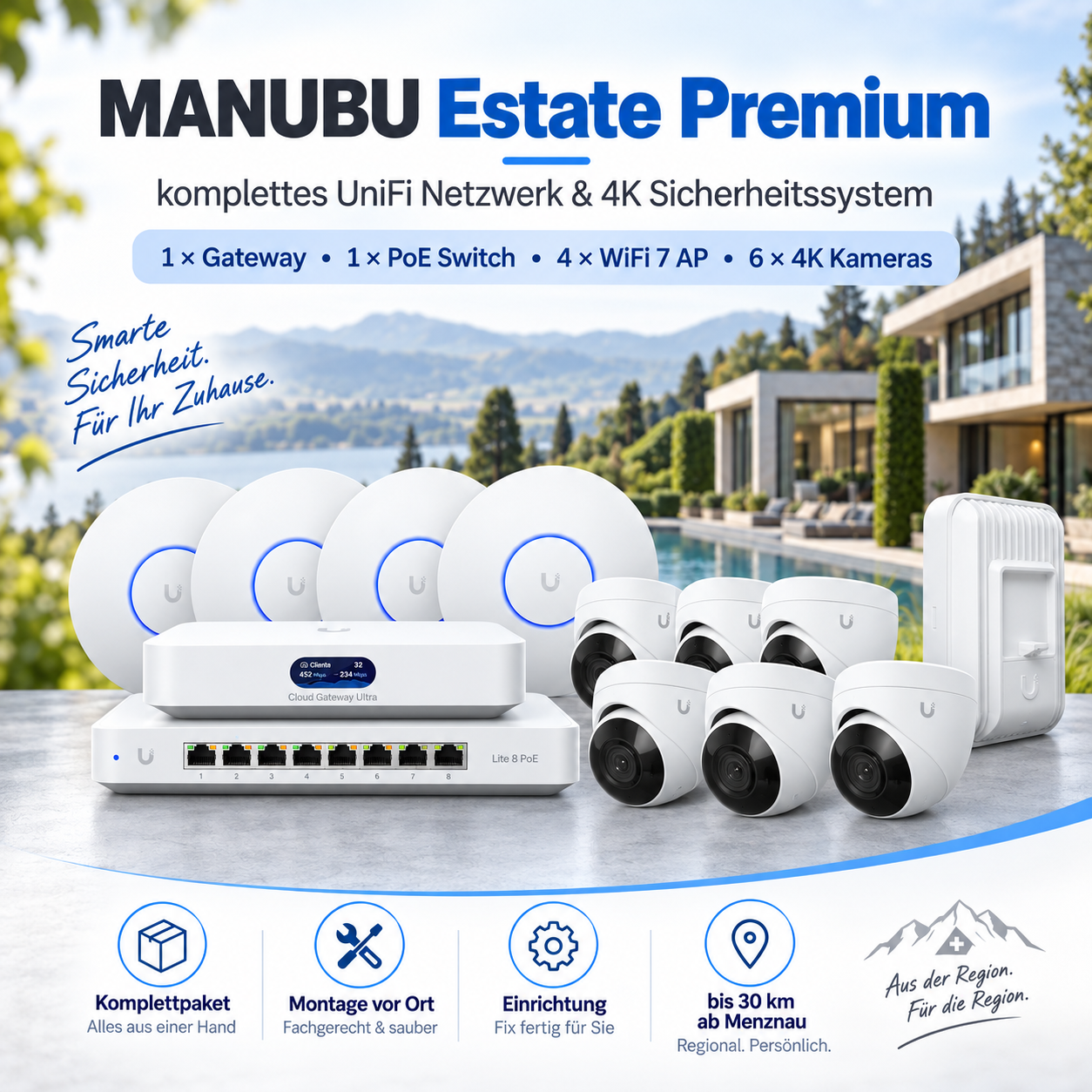 MANUBU Estate Premium – komplettes UniFi Netzwerk & 4K Sicherheitssystem